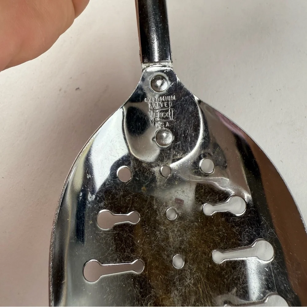 Vintage Ekco Stainless Steel Slotted Spoon Plastic Handle Kitchen Serving